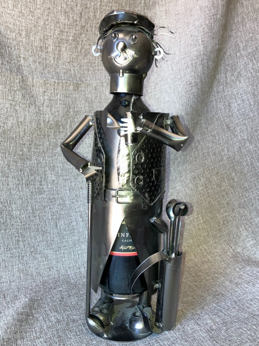 Vintage Metal Golfer Wine Bottle Holder Caddy Sculpture Art Wine Rack Golf Clubs